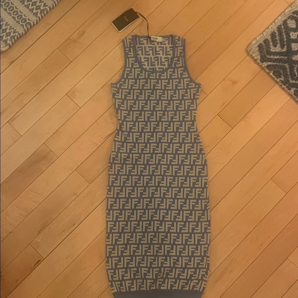 Fendi Blue and Beige Patterned Midi Dress